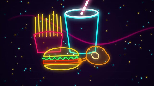 Neon light sign illustration featuring fast food burger fries and soda