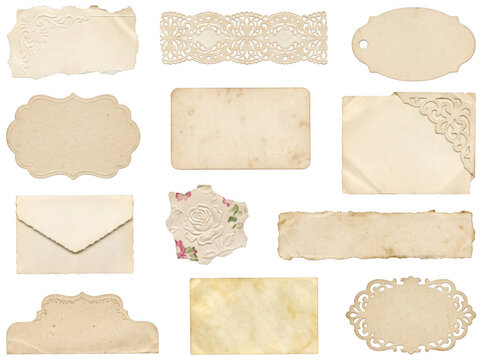 Collection of vintage paper scraps, tags, and labels with floral patterns, lace, and envelopes isolated on transparent background