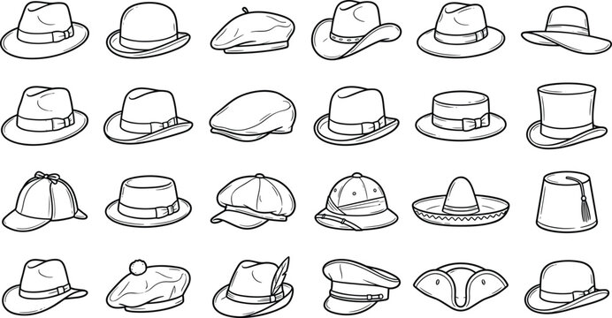 Men and women fashion hats line art icon set featuring black and white hand drawn vector illustrations of classic fedora cowboy hat top hat beret cap and vintage headwear styles