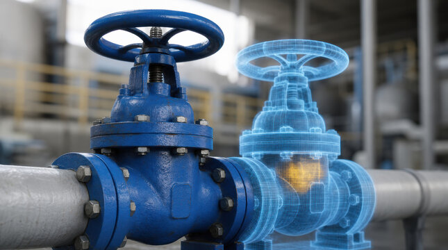 Industrial water valve with blue handwheel, pipe flange, and digital engineering overlay in factory setting