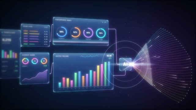 Raw data streams entering an AI processor and turning into live dashboard charts and gauges