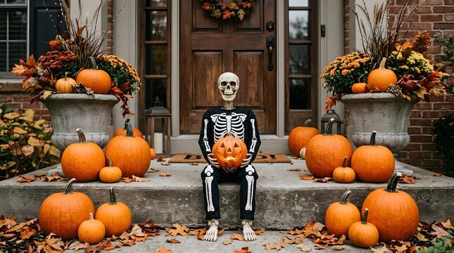 A spooky and delightful halloween scene a skeleton surrounded by pumpkins and autumnal decorations creates a festive and welcoming atmosphere for trick
