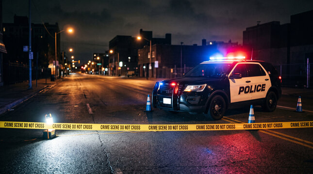 Police car parked on city street at night. Flashing red and blue emergency lights. Crime scene tape