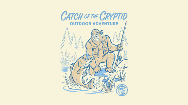 Vintage graphic illustration of a legendary Sasquatch cryptid wearing a fishing vest and headband, holding a rod while a large bass jumps from the water in a pine forest wilderness lake.