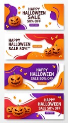 Fototapeta premium Set of Happy Halloween Sale Banners with 3D Pumpkins, Candy Corn, and Abstract Fluid Shapes for E-commerce Marketing