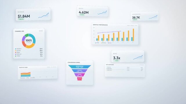 White marketing dashboard assembling from floating cards with revenue, funnel and campaign table