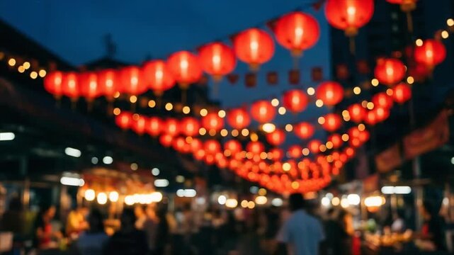 Blurred night market with red Chinese lanterns and walking people. Festive street food bazaar at dusk. Bokeh lights for Asian holiday celebration concept