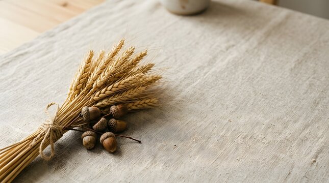 A beautifully arranged autumnal display featuring dried wheat delicate flowers and soft textures evoking a sense of warmth and seasonal charm
