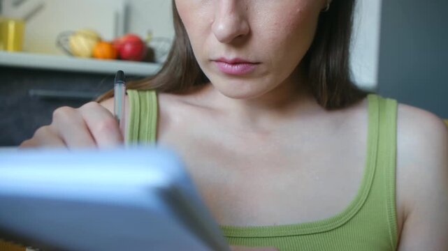 Focused calm young woman biting pen in thoughtful concentration while studying at kitchen. Creative or academic work, deep thinking. Calm woman biting pen while studying at home.
