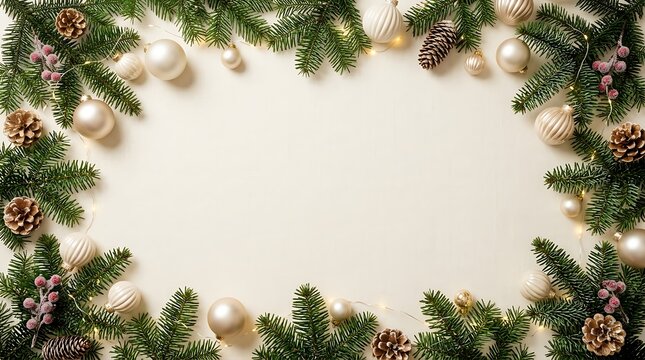 Festive christmas border with fir branches, ornaments, and pine cones on a cream background with copy space