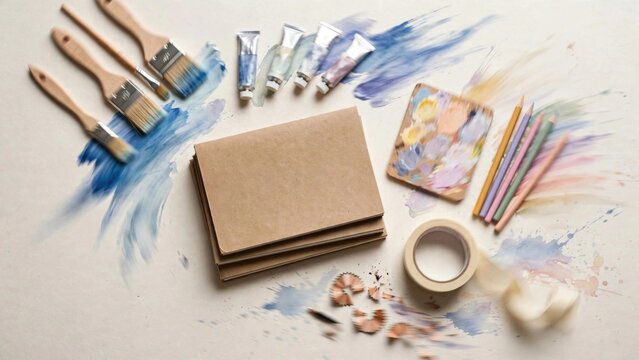 Flat lay of art supplies, journal, and colored pencils