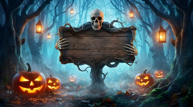 A spooky halloween night enchanted forest glowing jack o' lanterns and a mysterious skeleton guarding the path to thrills and chills