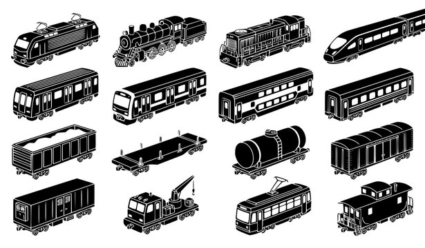 Modern and Retro Train Railway Vehicle Silhouette Vector Collection
