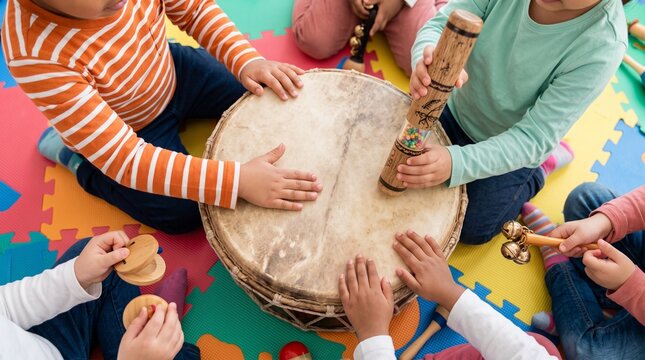 Diverse children playing percussion instruments in music class, group of kids with wooden drum and shakers, early childhood education and rhythmic learning