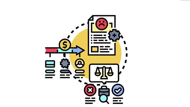 Legal case process flow chart showing stages of legal proceedings, from initial complaint and payment to trial, investigation, and final decision, symbolizing justice