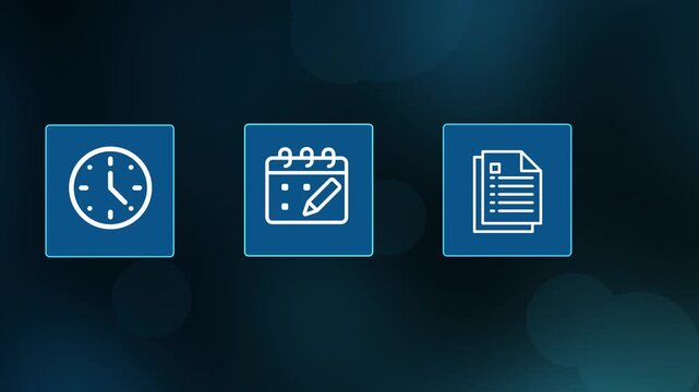 Time management, project scheduling and document planning workflow with digital interface icons.