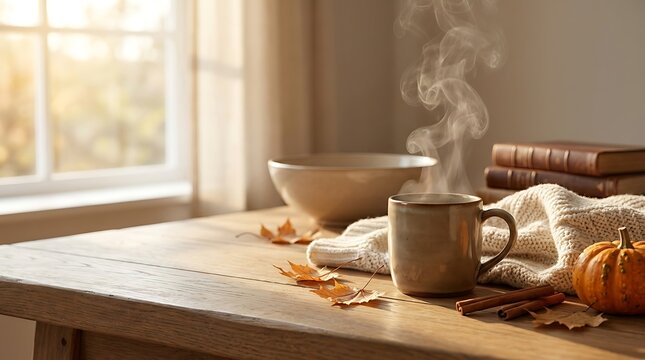 Warm steaming coffee mug with autumn elements on a wooden table, bathed in soft sunlight.