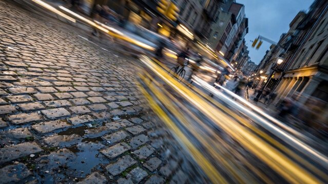 Motion Blur on Cobblestone Street in Historic European City