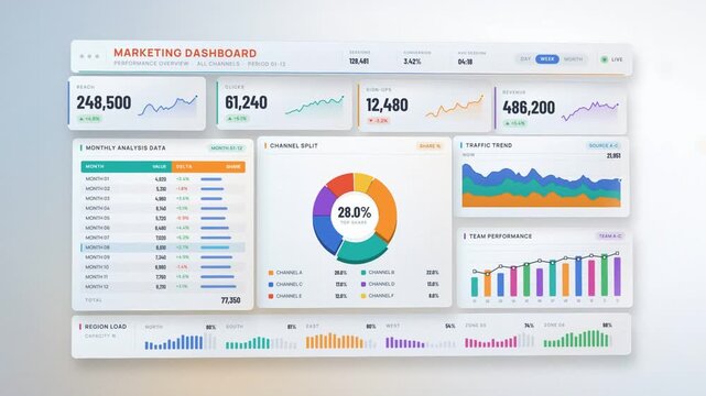 Light marketing analytics dashboard with channel split donut, monthly data table and region load bars