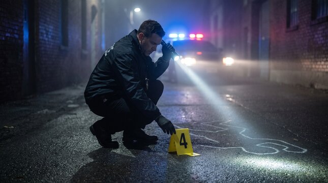 Detective investigating crime scene. Police officer using flashlight in dark alley. Chalk outline
