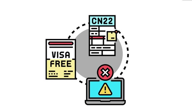Legal clearance for use concept documents like visa free status, customs declaration forms, and digital permission or refusal with a warning symbol on a laptop