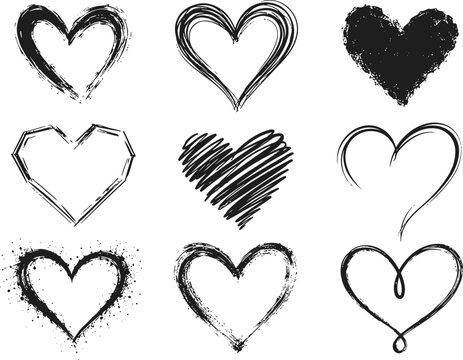 Set of hand drawn black heart shapes, featuring messy brush strokes, rough grunge textures, and continuous line art designs. vector illustration