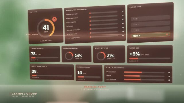 Corporate ESG turnaround dashboard shifting from red failing metrics to a green tier 1 rating