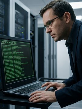 A focused male IT specialist in a formal suit and glasses works on a laptop displaying green server code in a dimly lit, cool toned server room with rack cabinets.