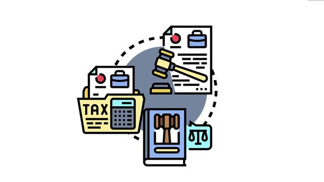 Legal compliance enforcement concept regulatory adherence, tax law, and court processes through icons including a gavel, legal documents, a tax folder, and scales of justice