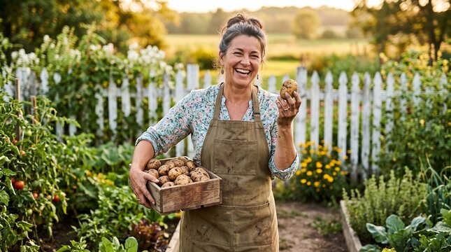 Mature woman harvesting fresh potatoes in garden. Smiling female farmer holding wooden crate