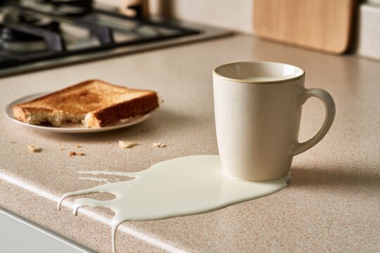 Spilled Milk Dripping off Kitchen Counter Beside Toast Breakfast