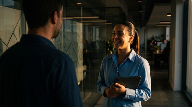 Corporate team meeting and colleague interaction. Business people discussing strategy in modern office