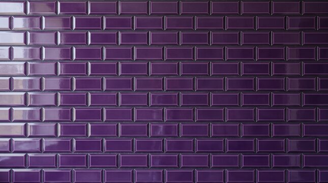 Purple subway tile wall background. Glossy ceramic bricks with reflective surface. Interior decor