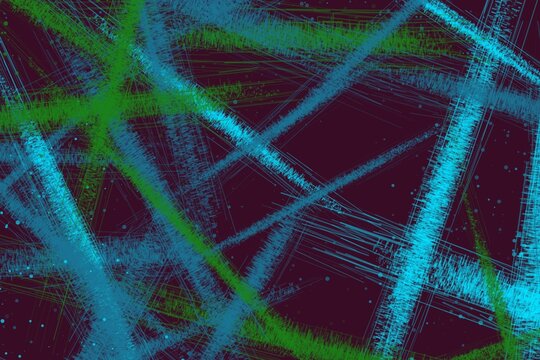 Dark background with bright cyan and green intersecting textured lines.