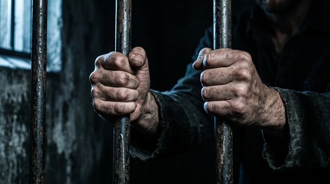 Prison cell inmate holding iron bars. Prisoner hands grasping metal jail bars in a dark cell