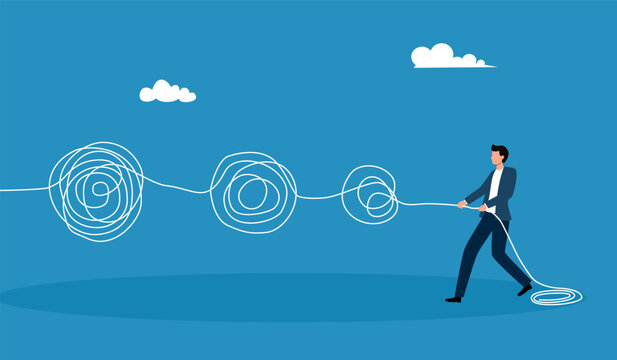 Unravel business chaos process with tangle difficult problem mess business concept flat design vector illustration. Chaos to order, complex to simple metaphor with person trying solve mess cable