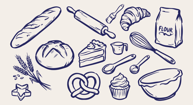 Bakery pastry doodle pattern, hand drawn bread and dessert banner, vintage kitchen baking tools, sweet cake sketch background, culinary breakfast line art, cafe menu pastry engraving, traditional bake