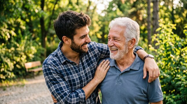 Father and son smiling outdoors. Senior man laughing with adult son in park. Family bonding