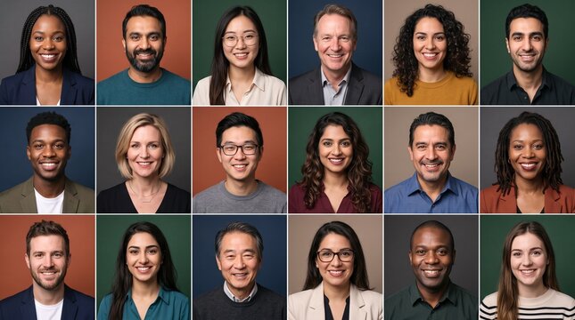 Diverse group of smiling people portraits. Multiethnic team headshots collage. Corporate staff photos