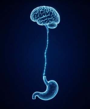 3D Gut Brain Axis Illustration Connecting Brain to Stomach via Glowing Vagus Nerve
