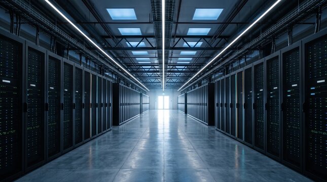 Server room interior and data center hallway. Rows of black server racks under bright LED lights