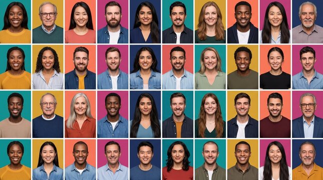 Diverse group of people portrait collage. Multiethnic men and women smiling against colorful backdrops
