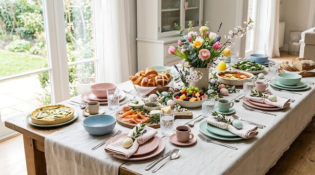 Abundant easter brunch table spread with colorful dishes quiche and flowers for festive family gathering