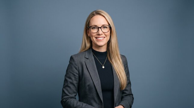 Businesswoman portrait. Smiling blonde female executive wearing glasses and gray blazer. Studio photo
