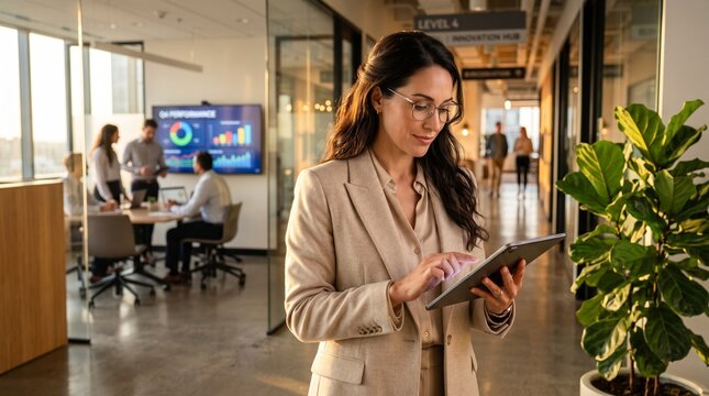 Business strategy and digital transformation. Professional woman using a tablet in a modern office