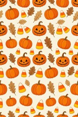 Fototapeta premium Seamless Halloween Pattern with Jack-o'-Lanterns, Pumpkins, Candy Corn, and Autumn Leaves for Festive Backgrounds