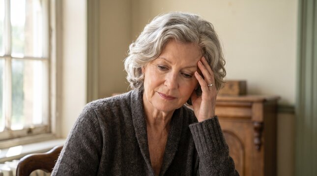 Senior woman with gray hair experiencing stress. Worried elderly female touching head in home