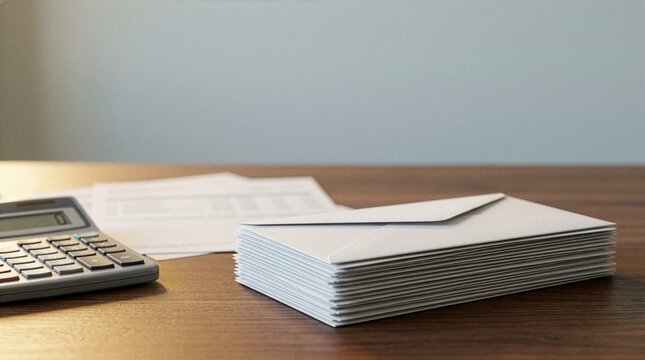 Stack of sealed blank white envelopes on a wooden desk beside a calculator and printed statements, unopened mail and direct mail campaign concept with copy space
