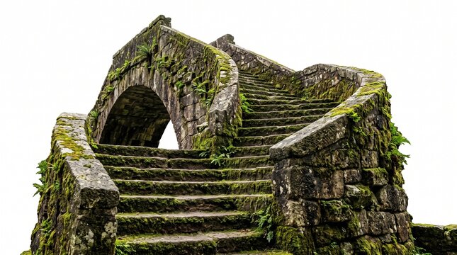 Ancient moss-covered stone bridge with winding stairs isolated on white background