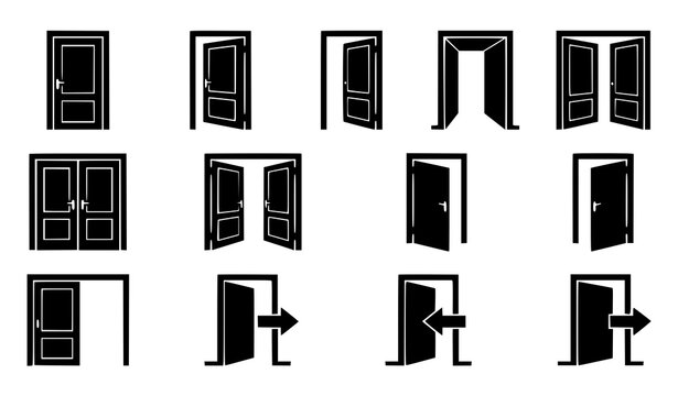 Collection of black door icons in various styles and open or closed positions